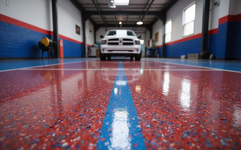 A bold red and blue accent flake floor in a showroom space