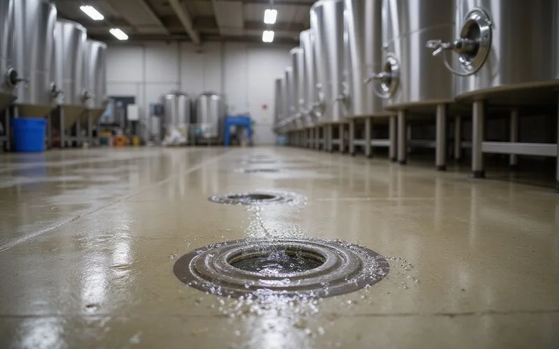 A brewery with a urethane cement floor handling wash-down near floor drains