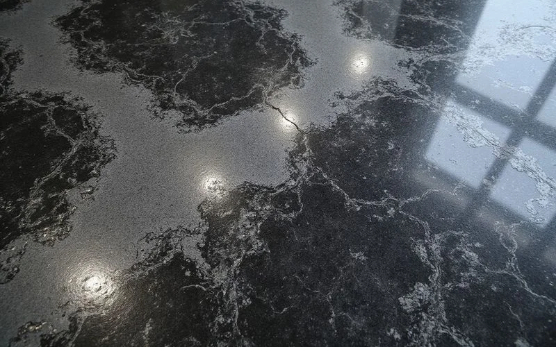 Close-up of a high-contrast metallic floor showing pigment depth and movement