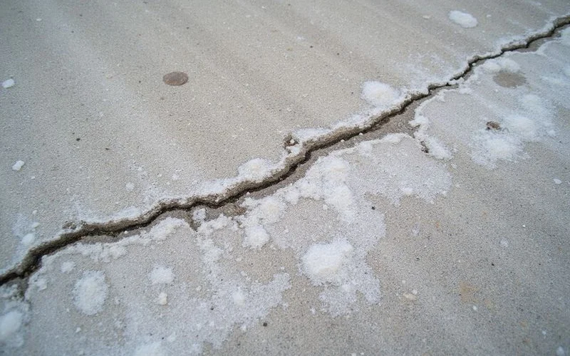 Close-up of salt-scaling damage on a bare coastal concrete garage slab