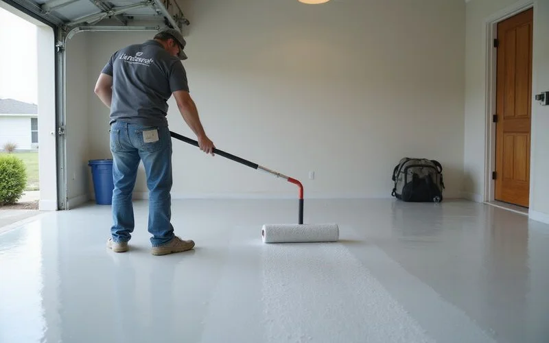 A crew applying a marine-spec aliphatic polyaspartic coastal topcoat at a beach home