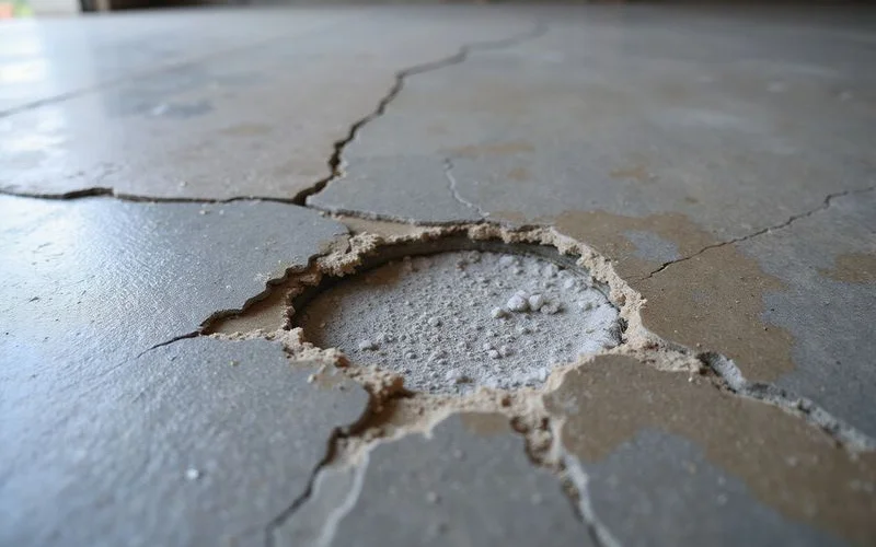 A delaminated epoxy floor showing osmotic blistering from a missing moisture barrier