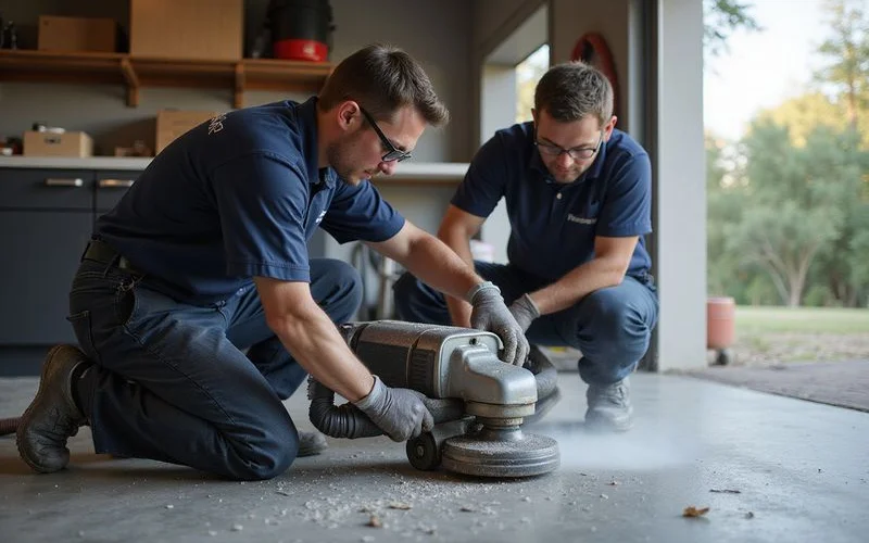 A crew running a diamond grinder to prepare a garage floor surface