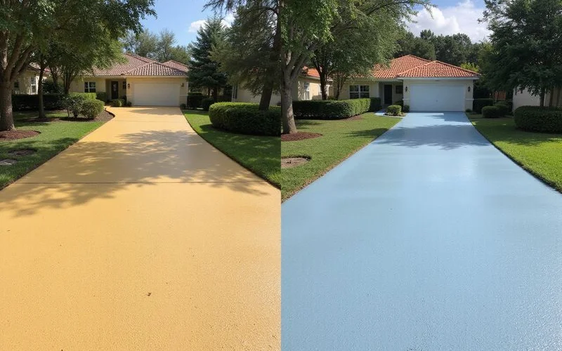 A faded aromatic epoxy driveway beside an intact aliphatic polyaspartic driveway