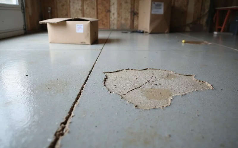 A failed DIY garage epoxy floor peeling at the edges