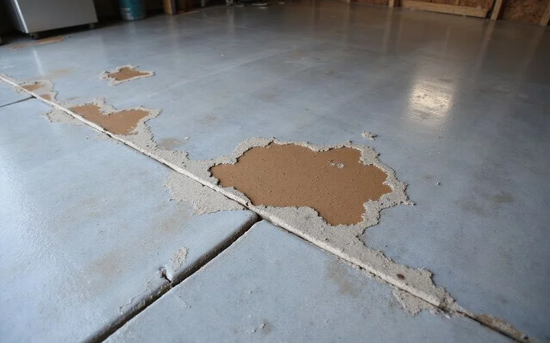 A failed DIY garage epoxy floor showing peeling and hot tire pickup damage
