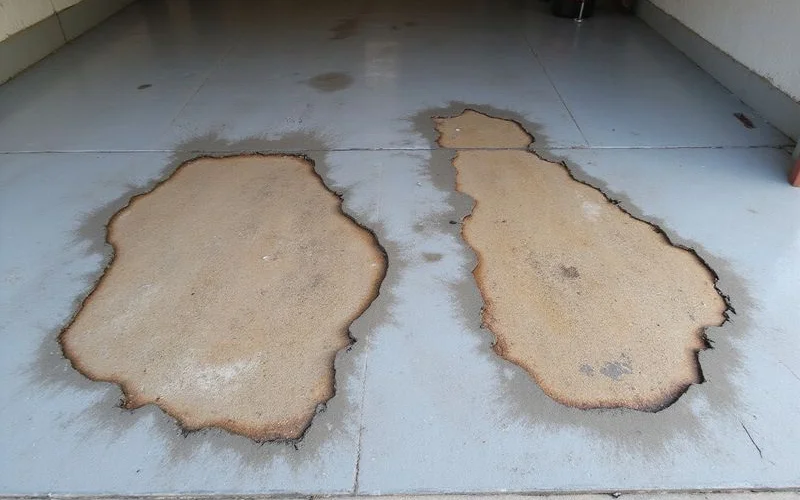 A failed DIY garage floor with hot tire pickup peeling in tire-shaped patches