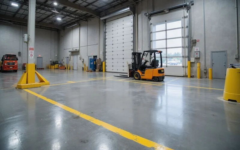 A forklift loading bay with industrial epoxy and an intact high-traffic surface