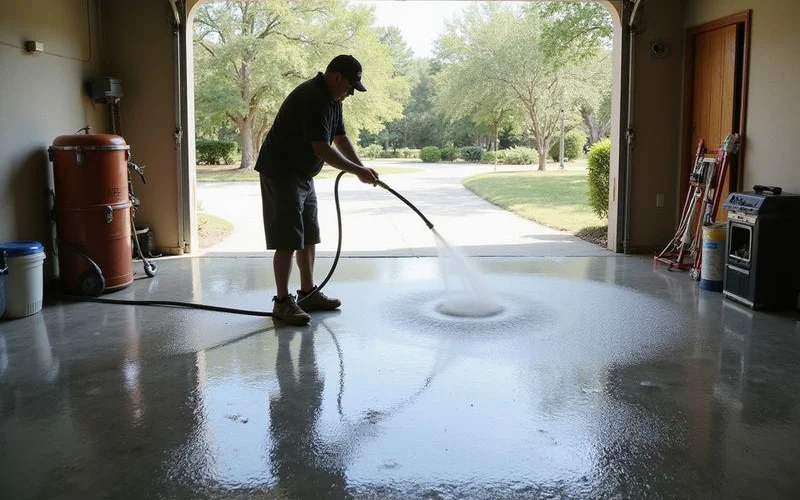 A homeowner hose-rinsing a finished polyaspartic floor for routine cleaning