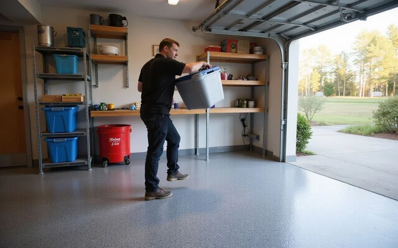 A homeowner lifting storage bins onto wall shelving above a finished garage floor