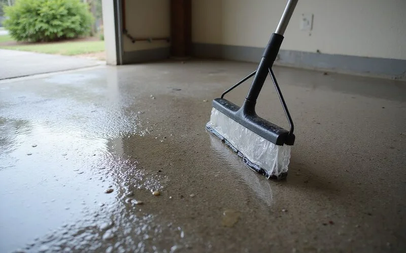 A hose-and-squeegee post-storm cleanup on a non-porous epoxy garage floor