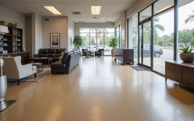A luxury Ponte Vedra showroom floor with a custom metallic design