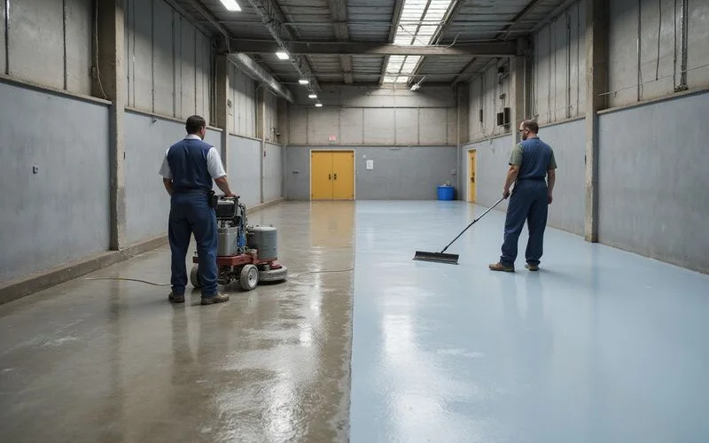 A maintenance crew buffing polished concrete next to a worker hose-rinsing an epoxy floor