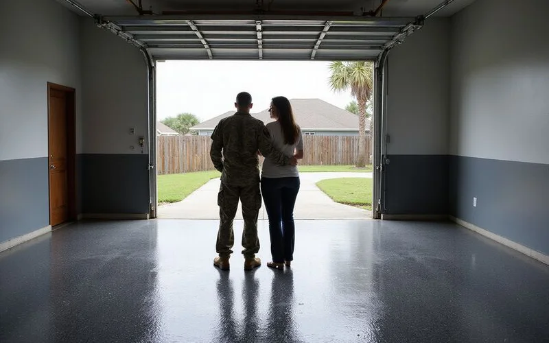 A military family standing in a finished epoxy garage near Mayport Naval Station