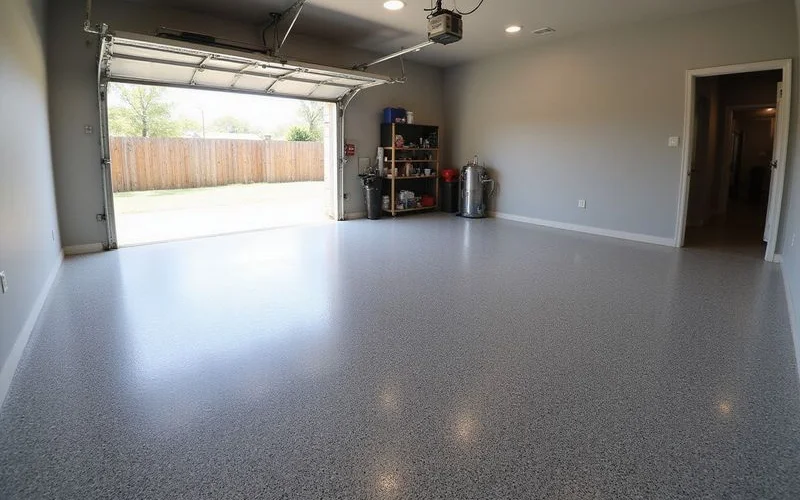 A neutral grey and black flake floor in a finished garage