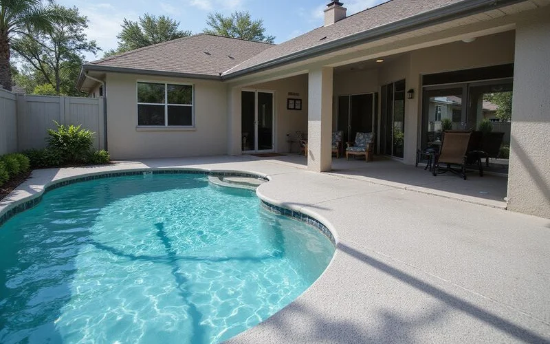 A patio extension flowing into a pool deck with one consistent coating finish