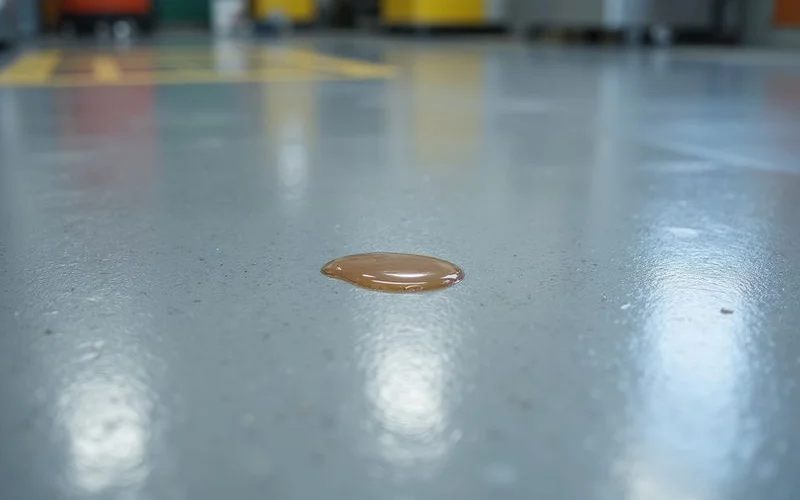 A spilled chemical beading on a chemical-resistant epoxy floor surface