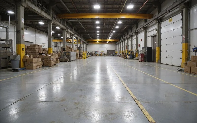 An aged but intact ten-year-old industrial epoxy floor in a manufacturing facility