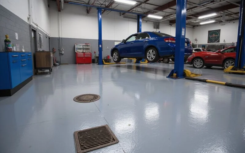 An auto repair service bay with chemical-resistant epoxy and integrated drains