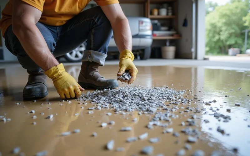An installer broadcasting vinyl flake chips into a wet epoxy base coat