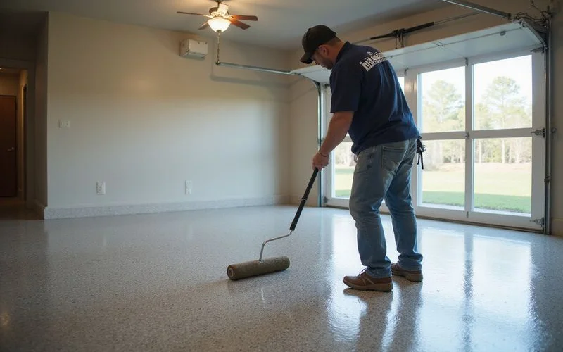 An installer finishing a full-flake epoxy garage floor for an Orange Park home
