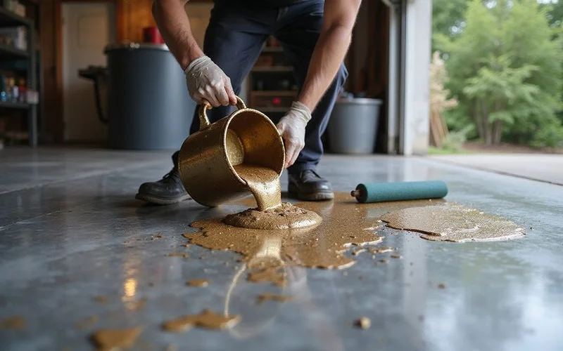 An installer pouring metallic mix and working a fluid-art pattern with rollers