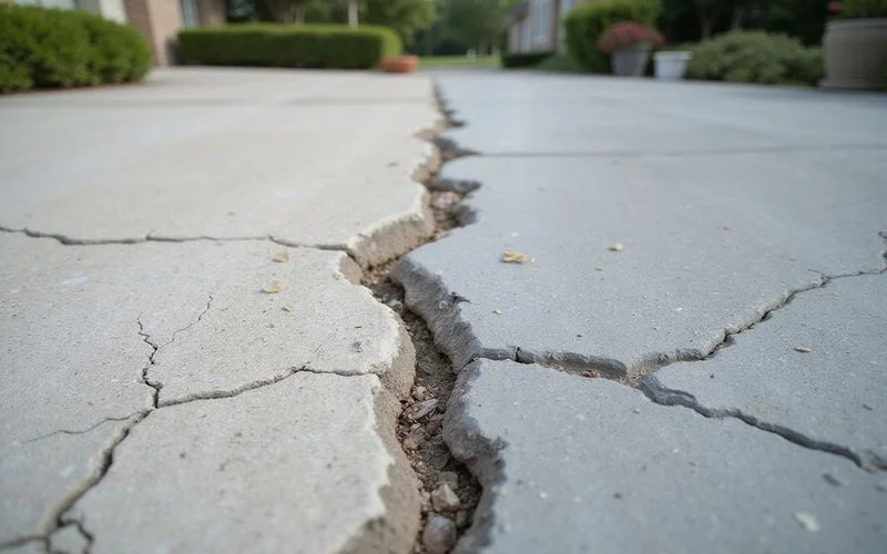 Before and after of a bare cracked driveway next to a finished coated driveway