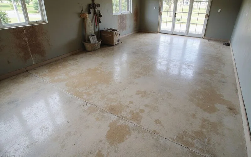 Before — a salt-stained bare concrete three-car garage slab in Ponte Vedra Beach