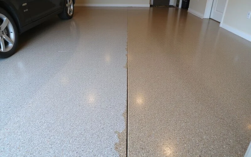 Failed DIY epoxy with hot tire pickup peeling next to an intact professional install