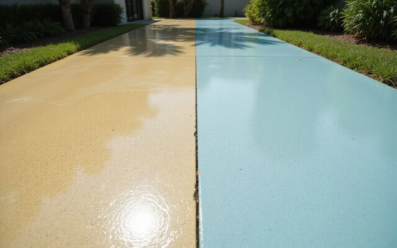 Faded aromatic epoxy beside intact aliphatic polyaspartic in an outdoor sample