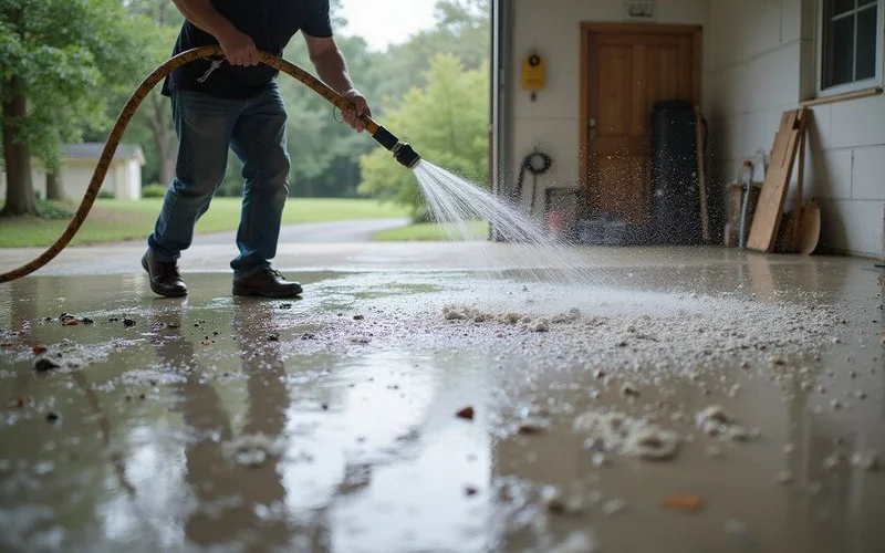 A homeowner hose-rinsing a finished epoxy garage floor during post-storm cleanup