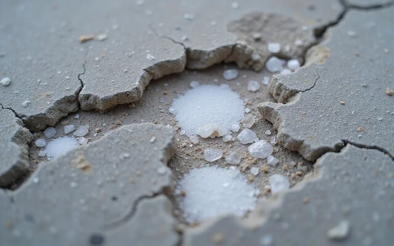 Illustration of salt crystallization forming inside the pore structure of concrete