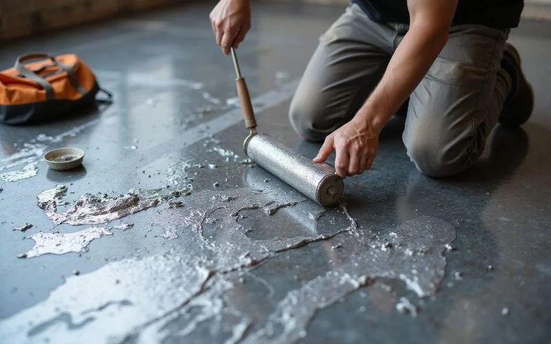 An installer working metallic pigment into a marbled fluid-art pattern during the pour