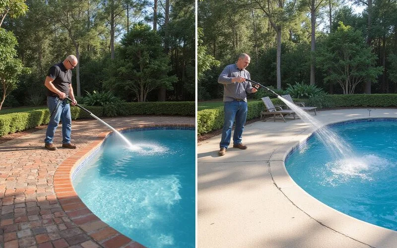 Maintenance comparison of power-washing pavers versus hose-rinsing a coated deck