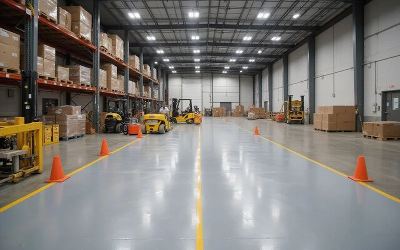 Phased install zone barriers in an active warehouse, half operating and half being coated
