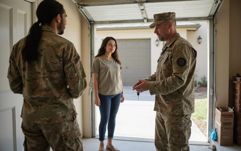 A realtor handing keys to a military family at a Jacksonville home with a finished garage