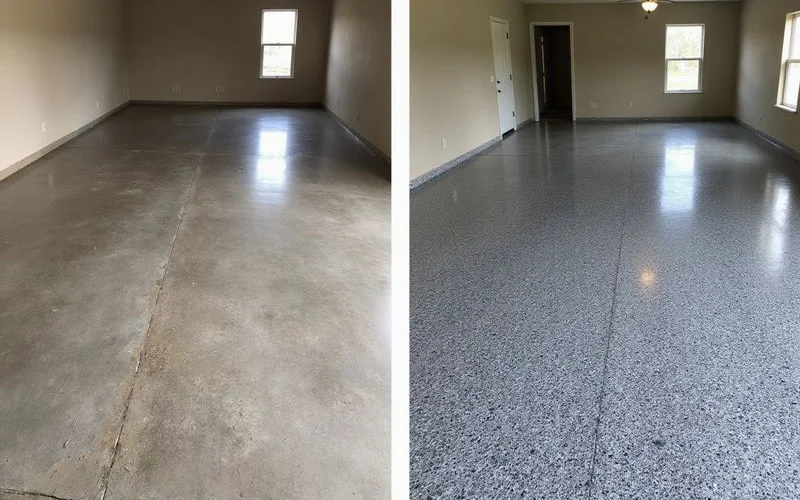 Side-by-side before and after of a garage transformed from bare concrete to full flake epoxy