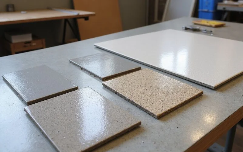 Side-by-side comparison of 100% solids epoxy, urethane cement, and MMA samples