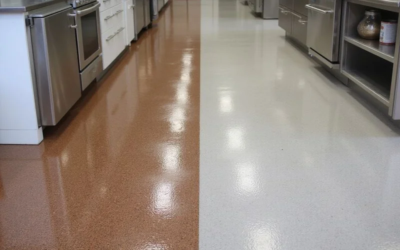 Side-by-side of an epoxy floor next to a urethane cement commercial kitchen floor