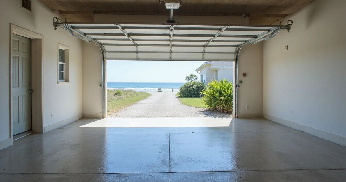 A beachfront Jacksonville Beach home garage with a coastal-rated epoxy floor