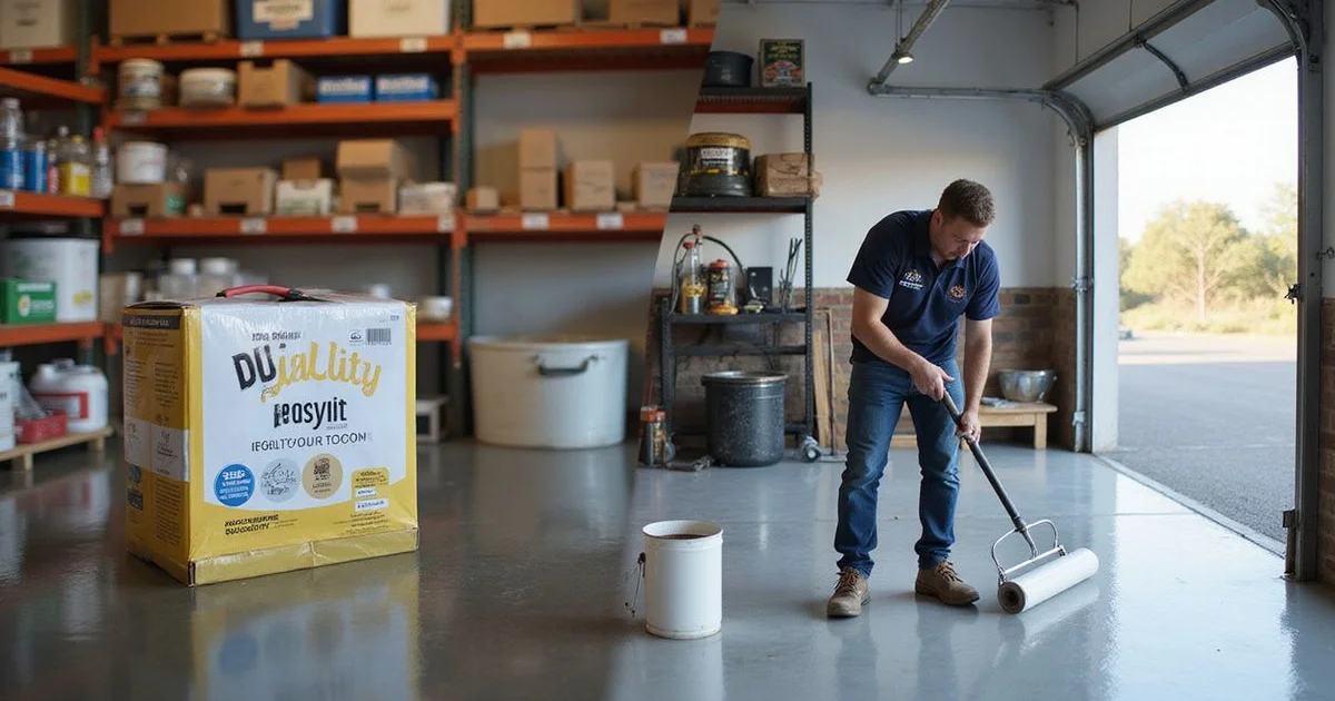A big-box store epoxy kit on a shelf next to a professional contractor at work