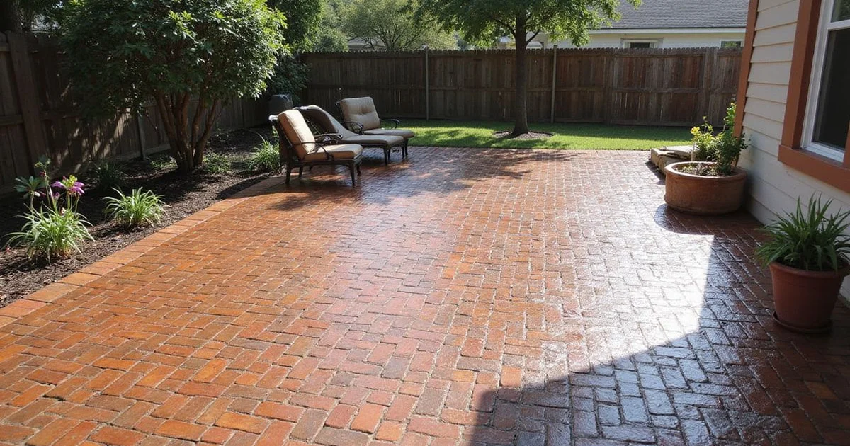 A brick patio with a clear sealer applied, showing enhanced color