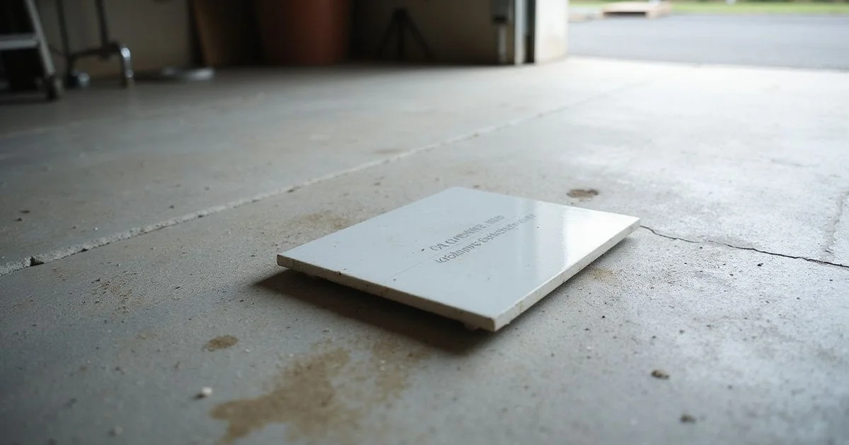 A calcium chloride moisture test plate sitting on a bare concrete garage slab