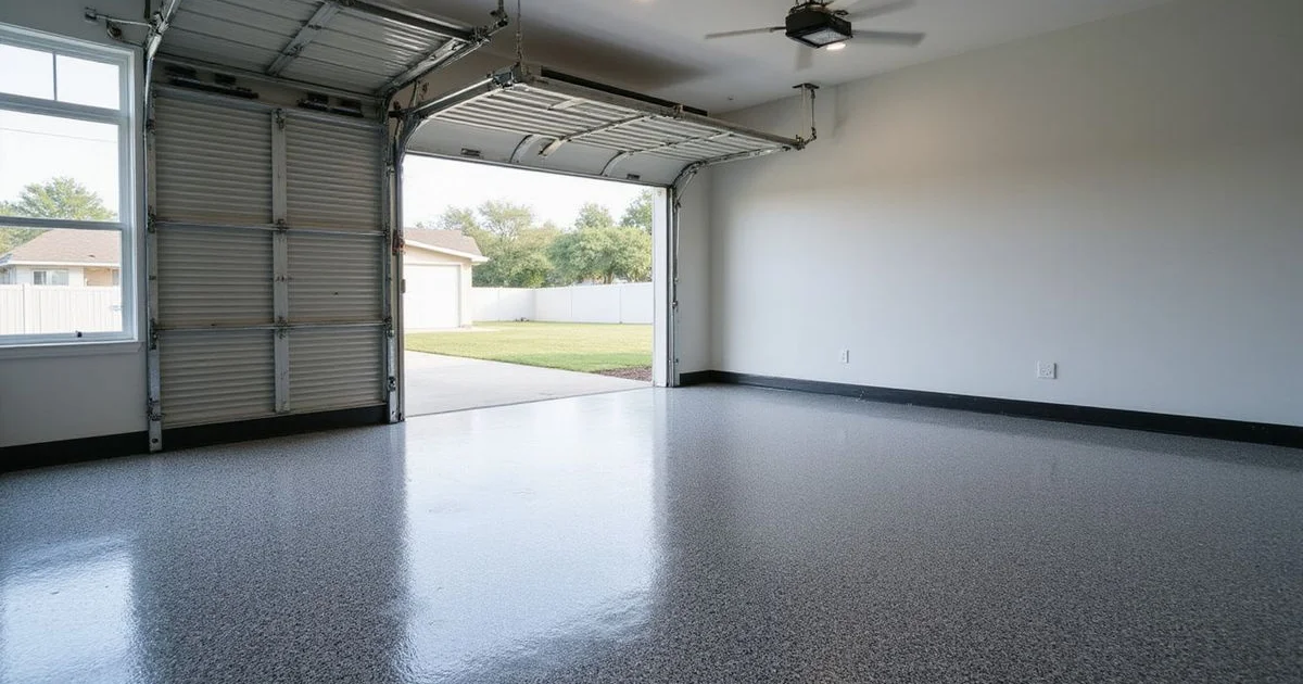 A clean finished epoxy garage floor with hurricane shutters being prepped in late spring