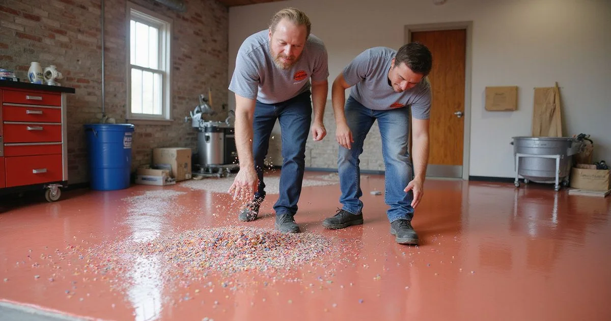 A crew broadcasting flake over a fresh epoxy base coat during a garage install