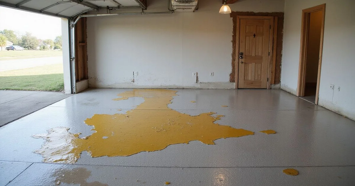 A failed DIY epoxy garage floor with peeling, yellowing, and hot tire marks