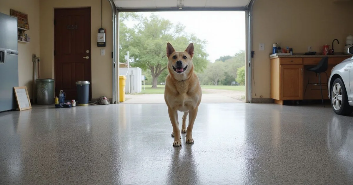 A family dog walking confidently across a textured flake epoxy garage floor