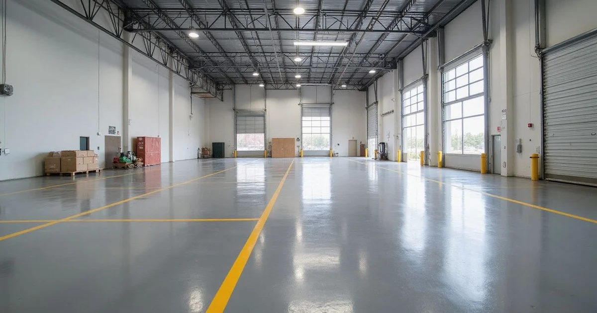A finished commercial warehouse floor with clean epoxy and line striping