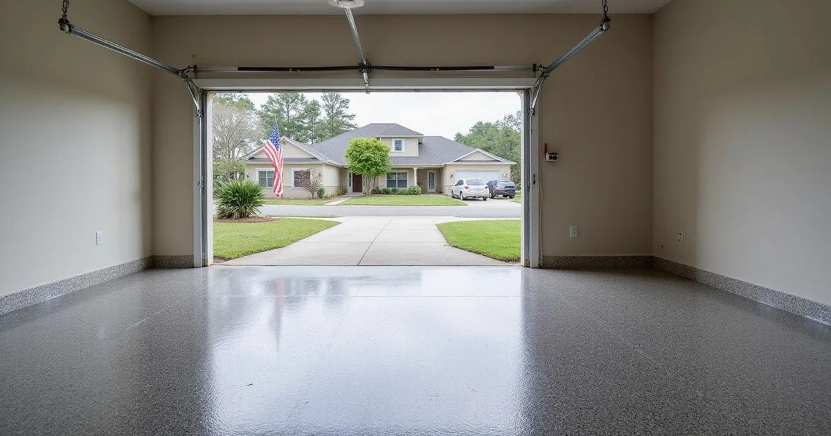 A finished epoxy garage floor at a military family home near NAS Jacksonville