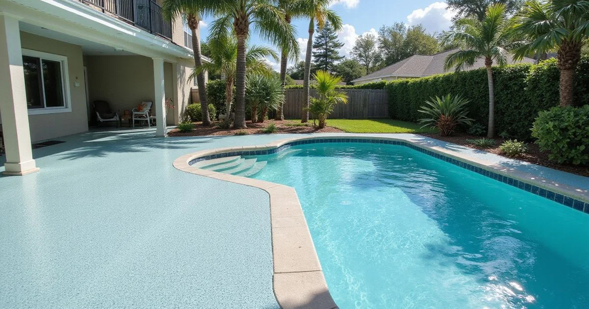 A finished pool deck coating project covering a large patio area at a Florida home